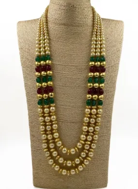 Multilayered Semi Precious Jade Beads And Golden Shell Pearls Necklace For Men And Women